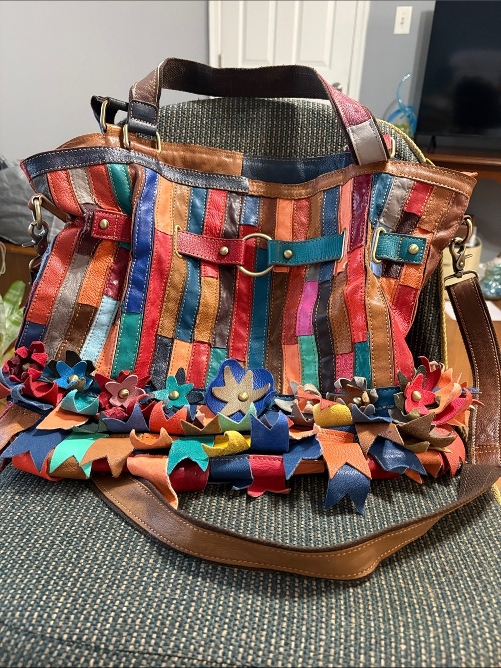 Multicolor Patchwork Leather Crossbody Bag with Floral Trim